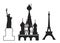 Set of showplace icons. Mobile app, printing, web site icon. Simple elements. Monochrome Statue of Liberty, Red Square and Eiffel