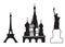 Set of showplace icons. Mobile app, printing, web site icon. Simple elements. Monochrome Statue of Liberty, Red Square and Eiffel