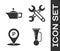 Set Signal horn on vehicle, Canister for motor machine oil, Location with parking and Wrench icon. Vector