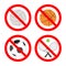 Set of signs prohibited from playing football, volleyball, tennis and basketball in a red crossed out circle