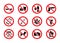 Set of signs prohibiting alcohol, weapons and other vector illustration isolated.