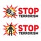 Set of signs Stop terrorism with the dynamite and a silhouette of a suicide blast.