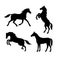 Set of silhouette of horses. Isolated black silhouette of galloping, jumping running, trotting, rearing horse on white background