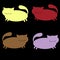 Set of silhouette icons of thick, colorful cats with a mustache, on a black background