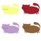A set of silhouette icons of thick, multi-colored cats with a mustache, on a white background.
