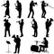 Set silhouette of musician playing the trombone, drummer, tuba, trumpet, saxophone, on a white background