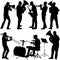 Set silhouette of musician playing the trombone, drummer, tuba, trumpet, saxophone, on a white background