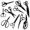 Set of silhouette scissors. Collection of black and white scissors. Vector illustration of scissors for cooking and