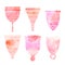 Set of silhouette various menstrual cups with pink watercolor background. Zero waste objects. Eco friendly womens health. Organic