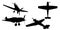 Set with silhouettes of an airplane with a propeller in various positions isolated on a white background. Vector