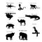 Set of silhouettes of animals and birds of Asia. Camel, crocodile, monkey Nosach, tapir, lizard, Cobra, elephant, etc.