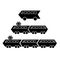 Set of silhouettes of black metro trams and electric trains with two or three cars and bus. Vector icon flat simple