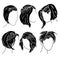 A set of silhouettes of braids on short hair, stylish hairstyles with wavy and straight curls and braiding