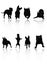 Set silhouettes of dogs in different positions with reflection.