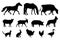 Set of silhouettes of domestic farm animals. Vector illustration livestock isolated on white, side view profile