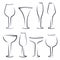 Set of silhouettes glass empty glasses isolated. Glassware of different forms for alcohol beverage and cocktail. Utensils for