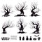 Set of silhouettes for halloween sinister trees, fences, graves, skull, pumpkin and bat
