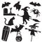 Set of silhouettes for Halloween witch bats coffin grave spider cat pot with candy on isolated white background. Vector image