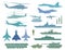 A set of silhouettes of military equipment. Aviation, ships and ground military forces