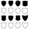 Set of silhouettes and outlines of shields, vector illustration