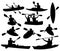 Set of silhouettes of people swimming in a canoe. Black white illustration of a kayak with men. Vector drawing of rowing