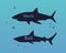 Set of silhouettes sharks isolated on sea background