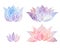 Set of silhouettes of watercolor lotuses. Purple and pink water lilies. Vector flowers for logos, icons and labels