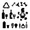 Set of simple black silhouettes of assorted garbage waste. Trash recycling concept. Simple flat icons of glass, plastic, organic