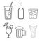 A set of simple black and white icons of alcoholic beverages for a bar, cafe: cocktails, glasses, beer, bottles, whiskey on a