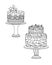 Set with simple cakes with ornaments, layers, decoration. Hand drawn vector illustration, black lines on white, Doodle