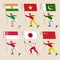 Set of simple flat athletes skating with flags of Asia