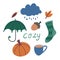 Set of simple flat hand drawn autumn clip art - cloud, umbrella, warm sock, acorn, pumpkin, hot drink, leaves. Cute collection of