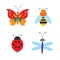 Set Of Simple Flying Bugs. Vector Ladybug. Vector Dragonfly.