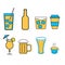 Set of simple icons of alcoholic beverages for the bar, cafe: cocktails, glasses, beer, bottles, whiskey, coffee, tea