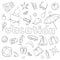 Set of simple  icons  on the subject of vacation , simple outline freehand drawn dark outlines on white background