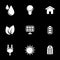 Set of simple icons on a theme Ecology, energy, battery, solar panel, recycling, safe, fuel, vector, set. Black background