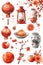 set of simple, pretty, sweet, and adorable watercolor illustrations Chinese New Year