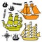 Set of simple sketch illustrations old sailboats, pirate ships with a sail