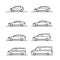 Set of simple thin line cartoon vehicles icons viewed from the side. The set includes small, medium and large cars, including vans