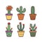 Set of six cactus plants in colorful pots, hand-drawn style. Various shapes of cacti, indoor plant decoration vector