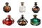 Set of six colored perfume bottles isolated on white background. Generative AI