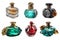 Set of six colored perfume bottles isolated on white background. Generative AI