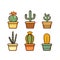 Set of six colorful cacti in different pots, isolated on white. Desert plants, indoor succulents collection vector