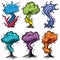 Set six colorful exploding trees cartoon drawings, tree displays vibrant explosion effects