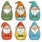 Set six colorful garden gnomes, distinct hats beards, whimsical fantasy illustration. Cartoon