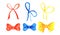 Set of six decorative elements. Colorful thin and lush ribbons. Yellow, blue, red bows. Present and party decore. Hand drawn