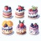 Set of six detailed Sticker of Watercolor cute cake with fruits watercolor