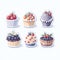 Set of six detailed Sticker of Watercolor cute cake with fruits watercolor vector set graphic clipart design