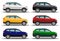 Set of six different colors cars on white background. Luxury offroad vehicles. Realistic crossover. 4x4 transport