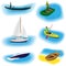 Set of six different kind boats isolated on a white background. Yacht, gondola, inflatable, kayak and rowing boat.